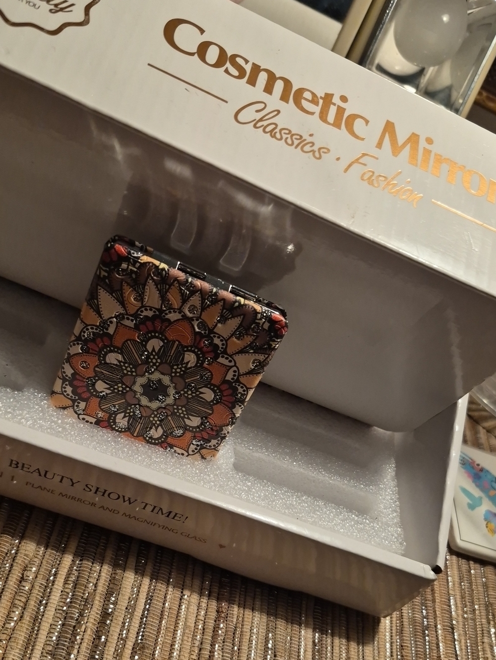 Floral Pattern Compact Mirror - Orange, Black & Cream